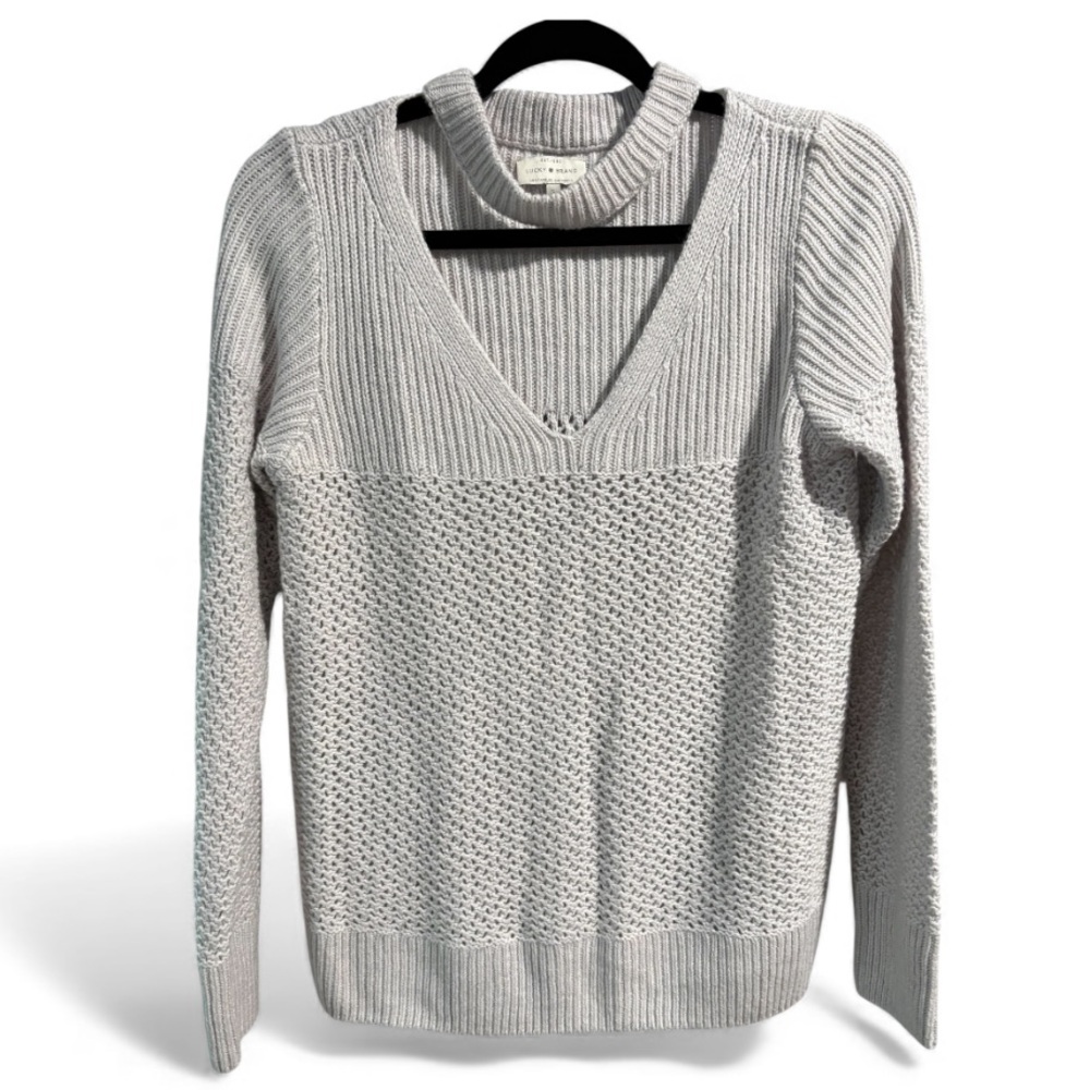 Lucky Brand Choker V-Neck Mixed Knit Sweater Gray Small Wool Cashmere Blend